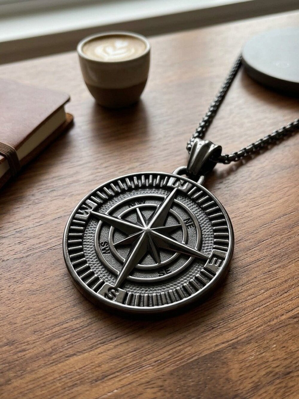 Mens Compass Necklace Black Stainless Steel Round Navigator Coin Pendant Chain